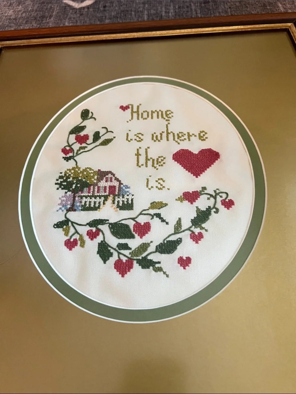 Framed Vintage Cross Stitched Home is Where the Heart Is Wall Art - Gold Brown